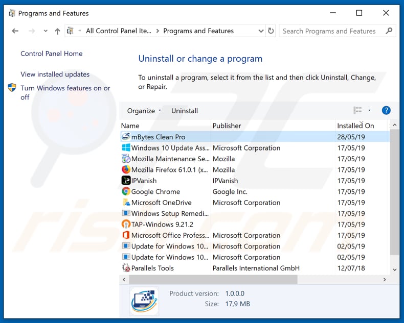 mBytes Clean Pro adware uninstall via Control Panel