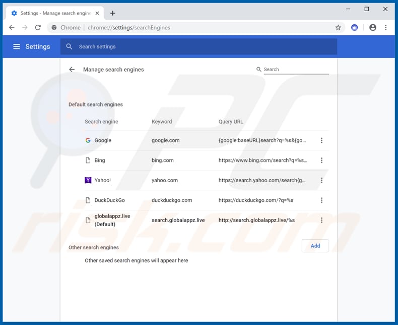 Removing search.globalappz.live from Google Chrome default search engine