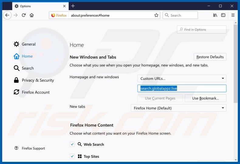 Removing search.globalappz.live from Mozilla Firefox homepage