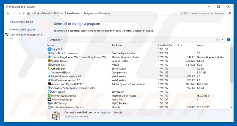search.globalappz.live browser hijacker uninstall via Control Panel