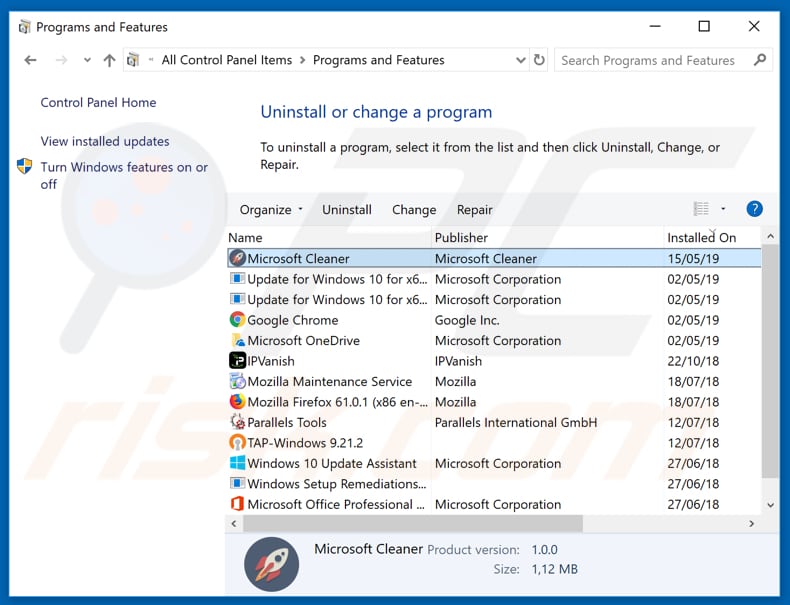 microsoft cleaner on the list of programs installed on a computer