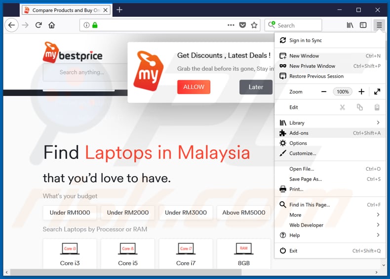 Removing MyBestPrice ads from Mozilla Firefox step 1