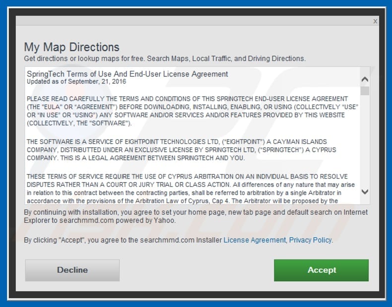 Official MyMapDirections browser hijacker installation setup