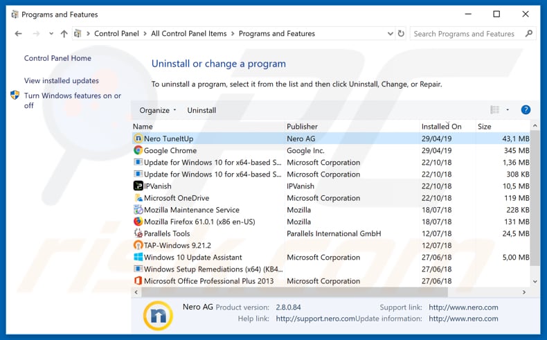 Nero TuneItUp adware uninstall via Control Panel