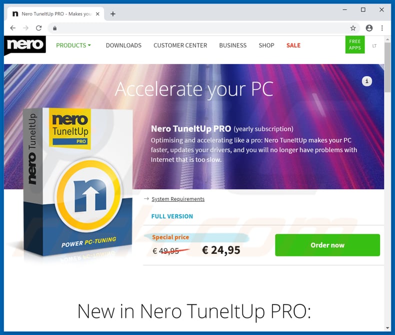 website promoting nero tuneitup