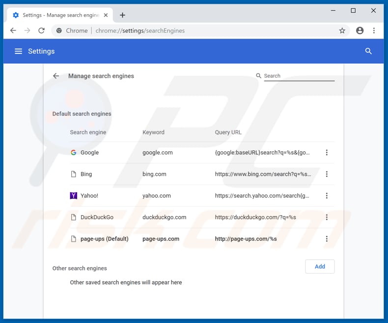 Removing page-ups.com from Google Chrome default search engine