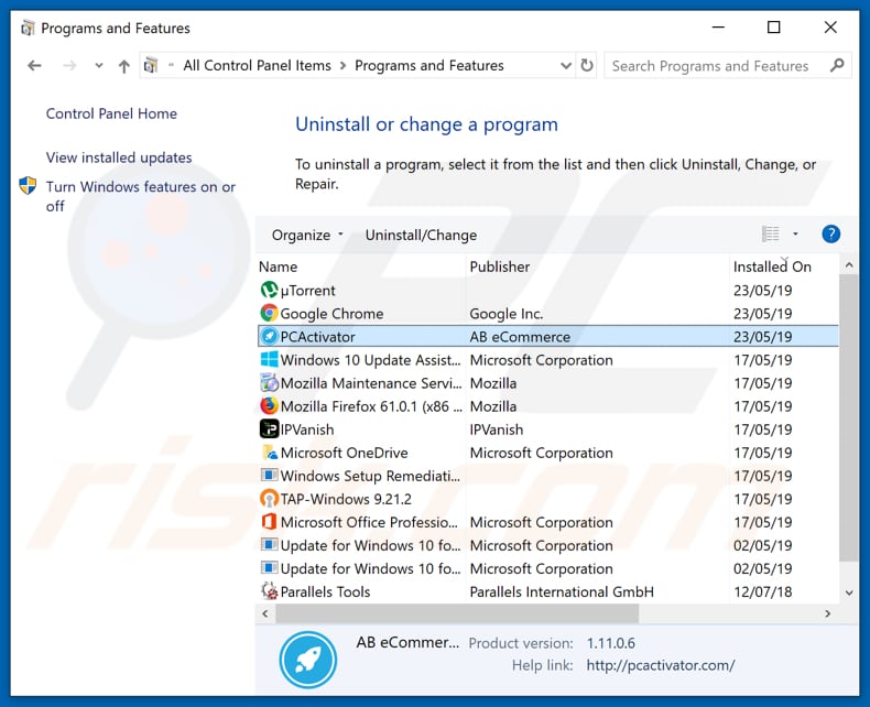 PCActivator adware uninstall via Control Panel