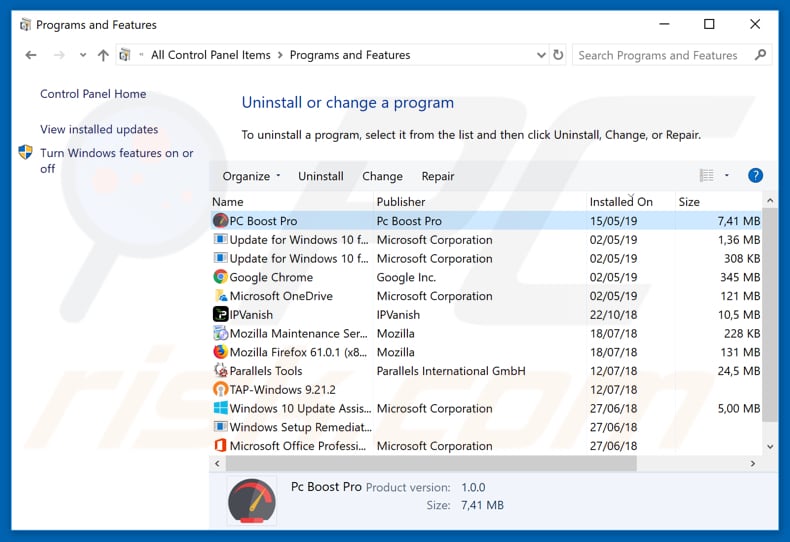 pc boost pro o the list of installed programs