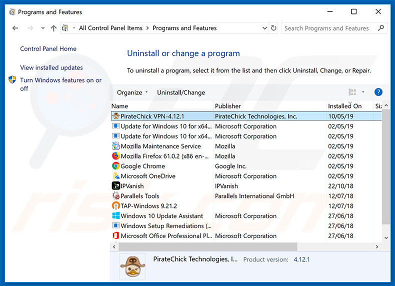 Pirate Chick VPN in the list of installed programs