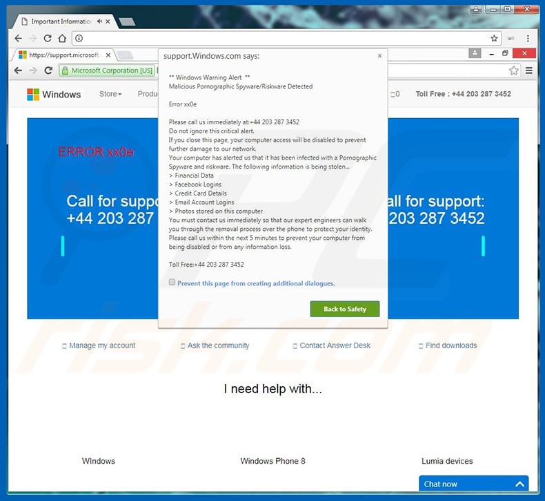 PORNOGRAPHIC VIRUS ALERT FROM MICROSOFT pop-up scam variant 2