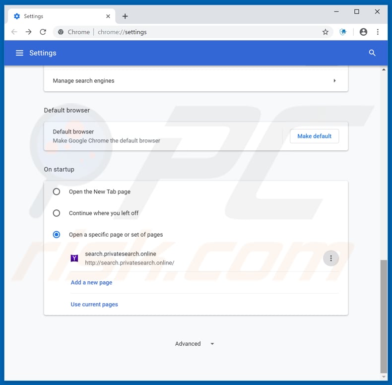 Removing search.privatesearch.online from Google Chrome homepage