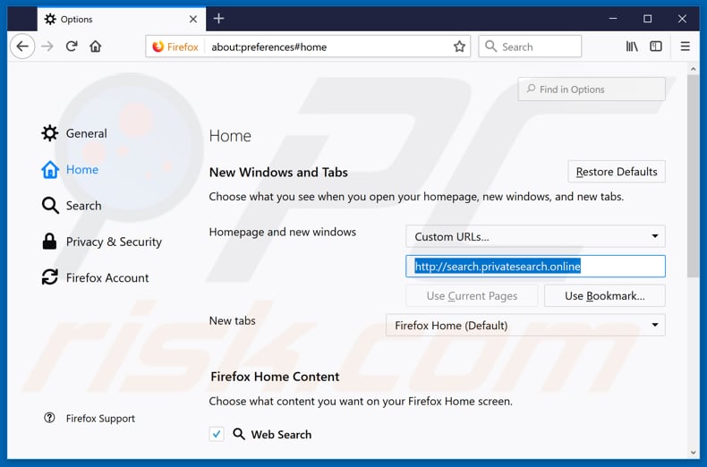 Removing search.privatesearch.online from Mozilla Firefox homepage