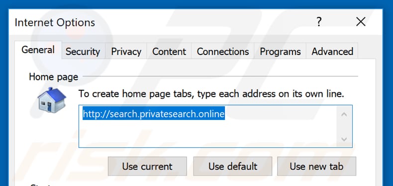 Removing search.privatesearch.online from Internet Explorer homepage