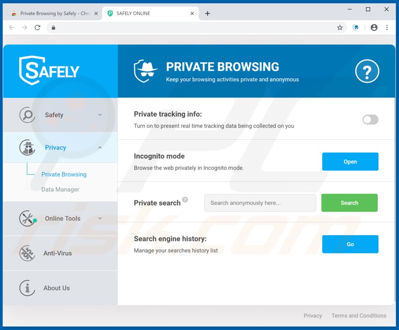 Website used to promote Private Browsing by Safely browser hijacker