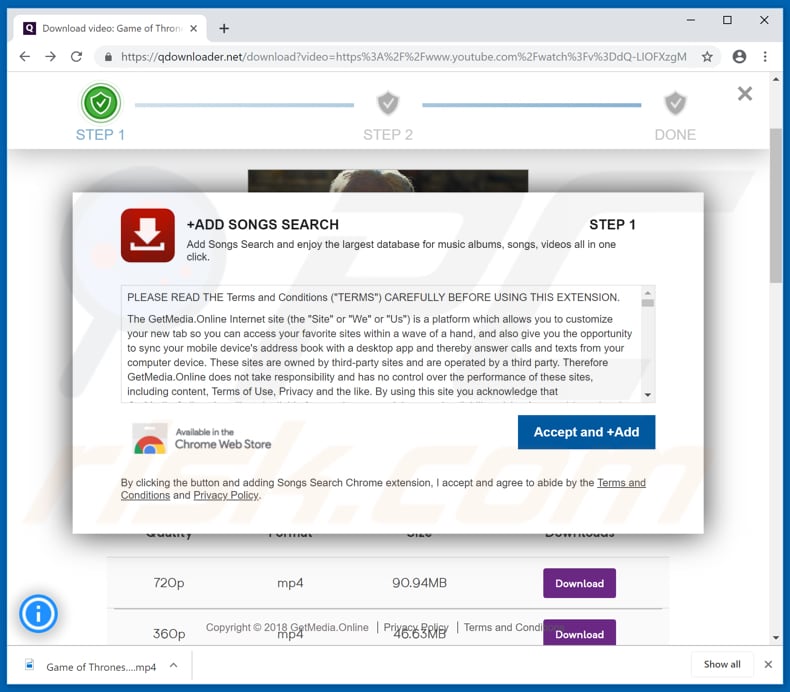 qdownloader.net opens a page displaying a pop-up offering to install potentially unwanted app