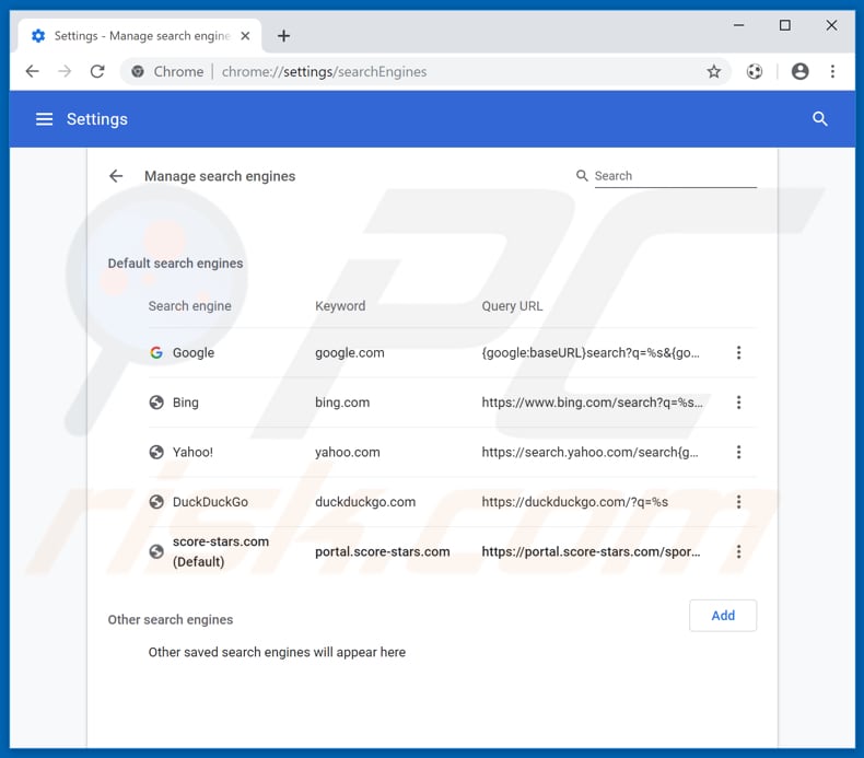 Removing portal.score-stars.com from Google Chrome default search engine