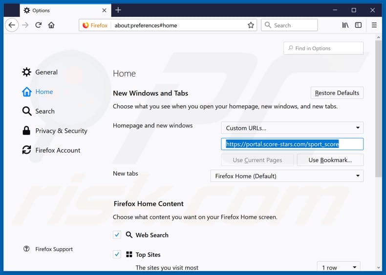 Removing portal.score-stars.com from Mozilla Firefox homepage