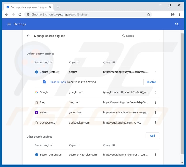 Removing searchprivacyplus.com from Google Chrome default search engine