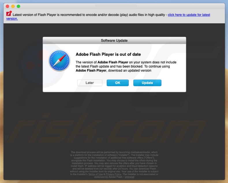 sendspace[.]com pop-up promoting fake flash player for mac