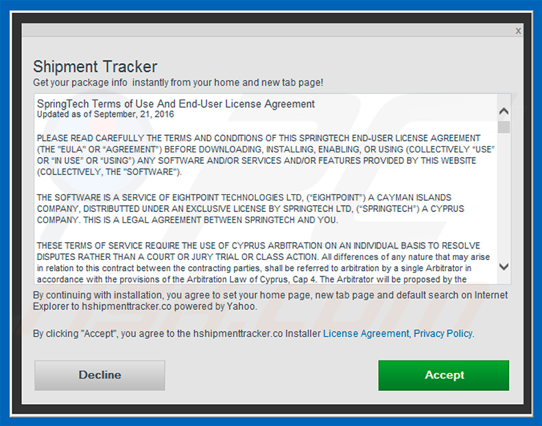 Official Shipment Tracker browser hijacker installation setup