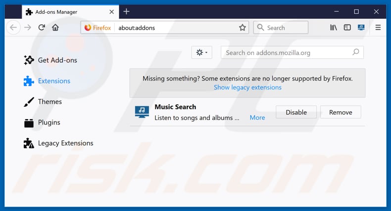 Removing music.searchmedia.club related Mozilla Firefox extensions