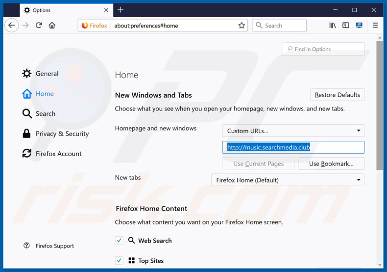 Removing music.searchmedia.club from Mozilla Firefox homepage