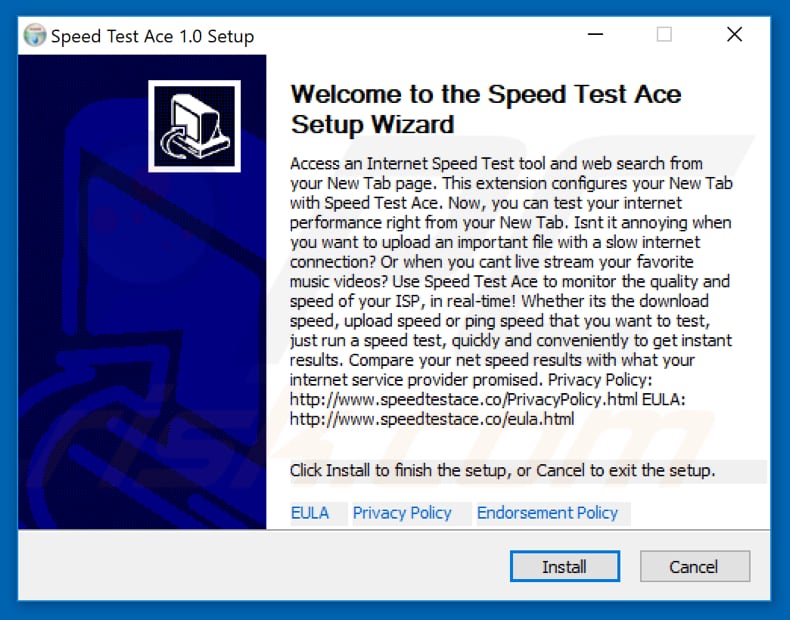 Official Speed Test Ace browser hijacker installation setup