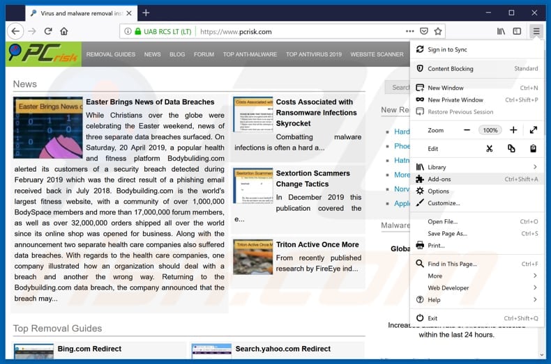 Removing SysMenu.dll virus ads from Mozilla Firefox step 1