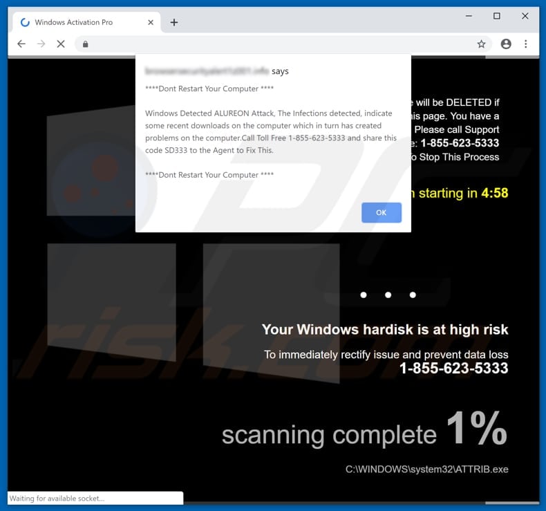 pop-up window by windows hard disk is at high risk scam page