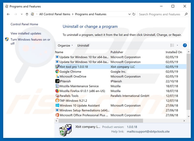 Xbit Pro adware uninstall via Control Panel