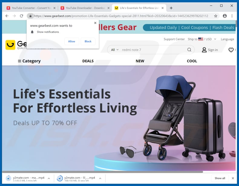 y2mate.com redirects to a page asking to show notifications