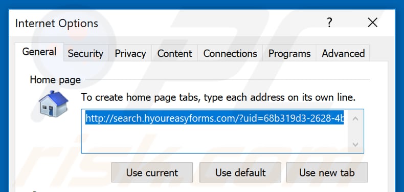 Removing search.hyoureasyforms.com from Internet Explorer homepage