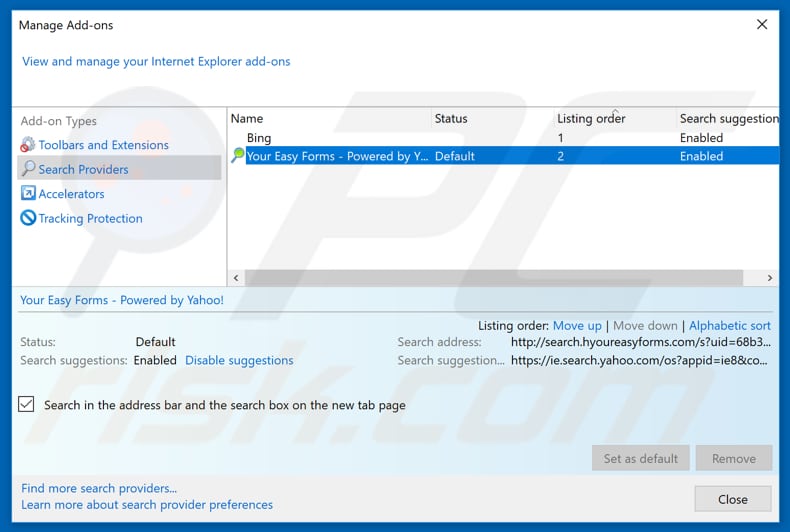 Removing search.hyoureasyforms.com from Internet Explorer default search engine