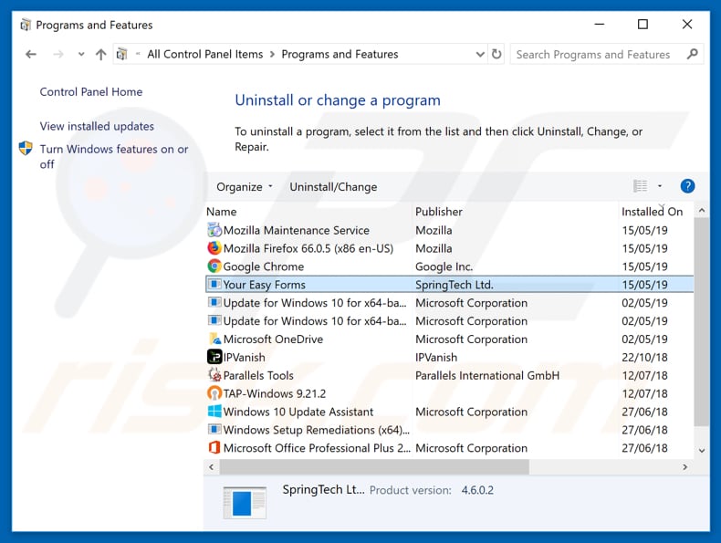 search.hyoureasyforms.com browser hijacker uninstall via Control Panel