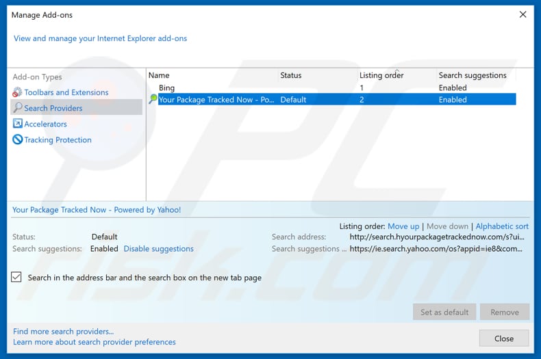 Removing search.hyourpackagetrackednow.com from Internet Explorer default search engine