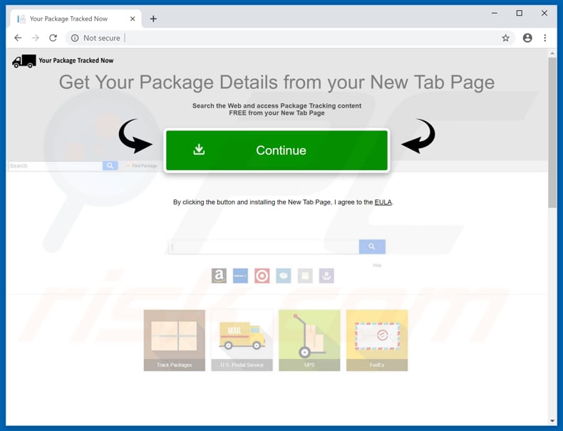 Website used to promote Your Package Tracked Now browser hijacker