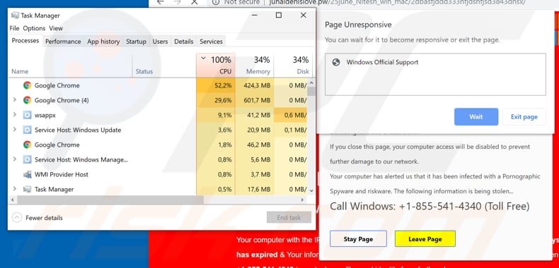 scam page tries to crash computer with 100 cpu usage