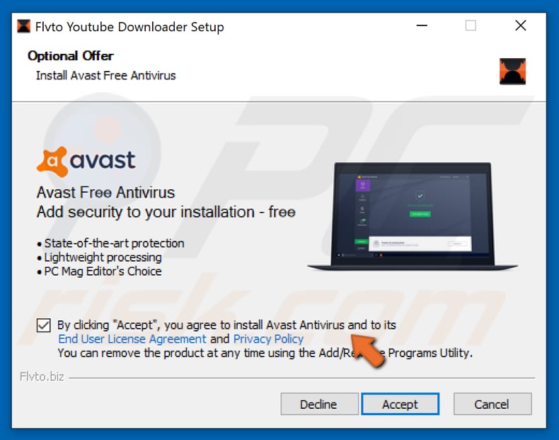Avast bundled into the Flvto Youtube Downloader installation setup