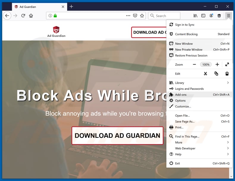 Removing Ad Guardian ads from Mozilla Firefox step 1