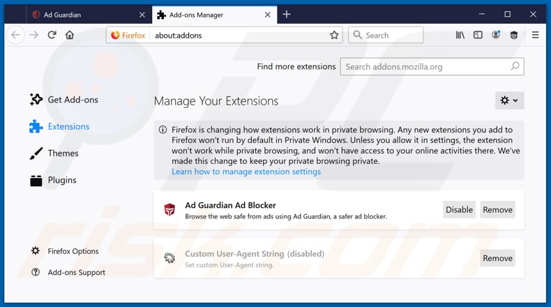 Removing Ad Guardian ads from Mozilla Firefox step 2