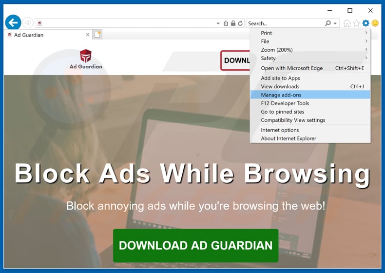 Removing Ad Guardian ads from Internet Explorer step 1