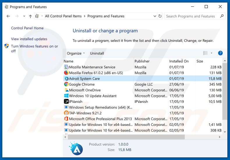 Adroit System Care adware uninstall via Control Panel
