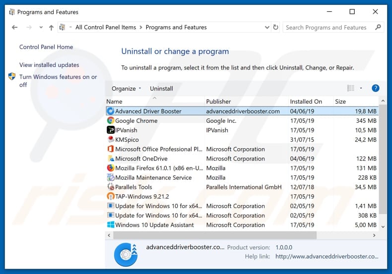 Advanced Driver Booster adware uninstall via Control Panel