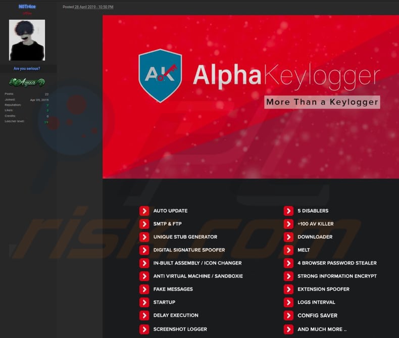 alpha keylogger advertised on hacker forum