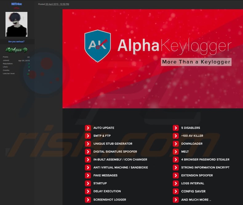 alpha keylogger advertised on hacker forum