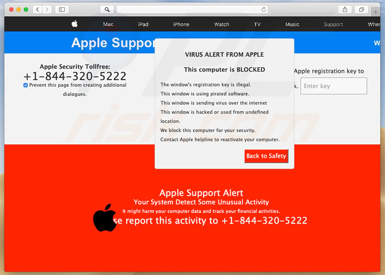 Apple Support Alert pop-up scam (sample 3)