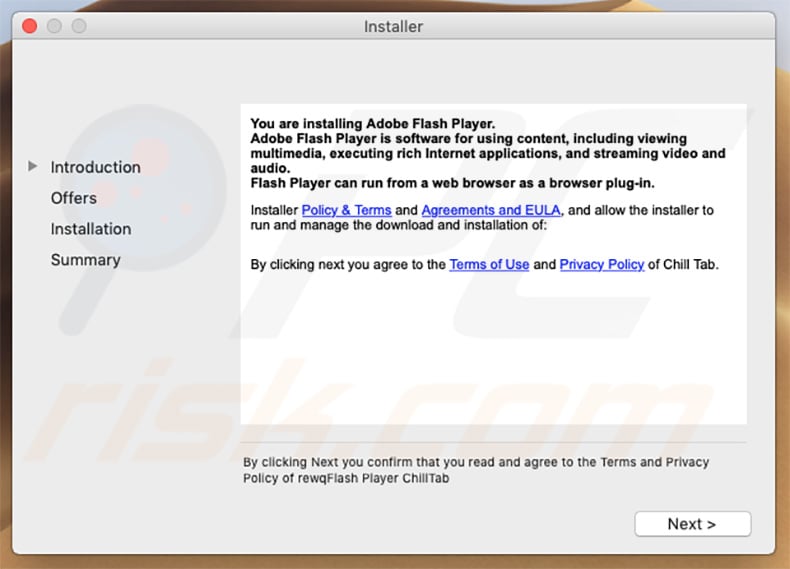 Fake Adobe Flash Player installer distributing ChillTab virus