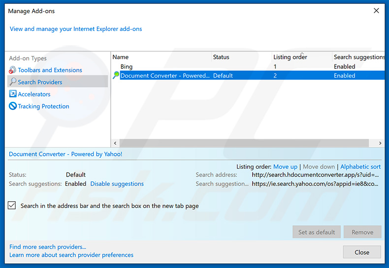 Removing search.hdocumentconverter.app from Internet Explorer default search engine