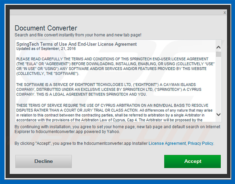 Official Document Converter browser hijacker installation setup
