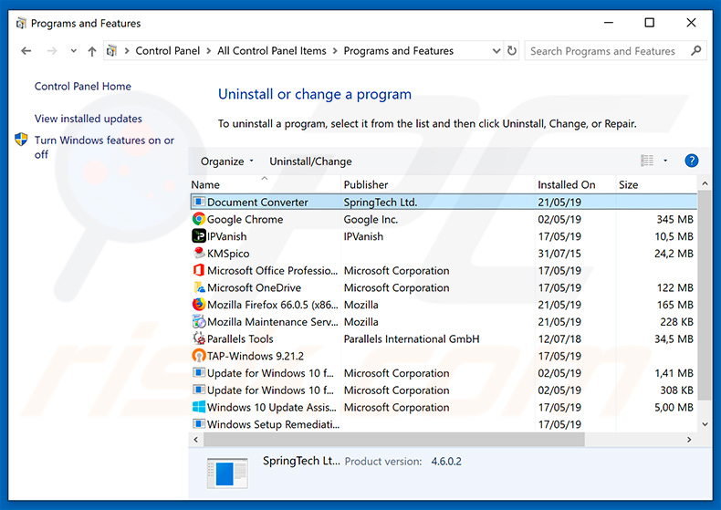 search.hdocumentconverter.app browser hijacker uninstall via Control Panel